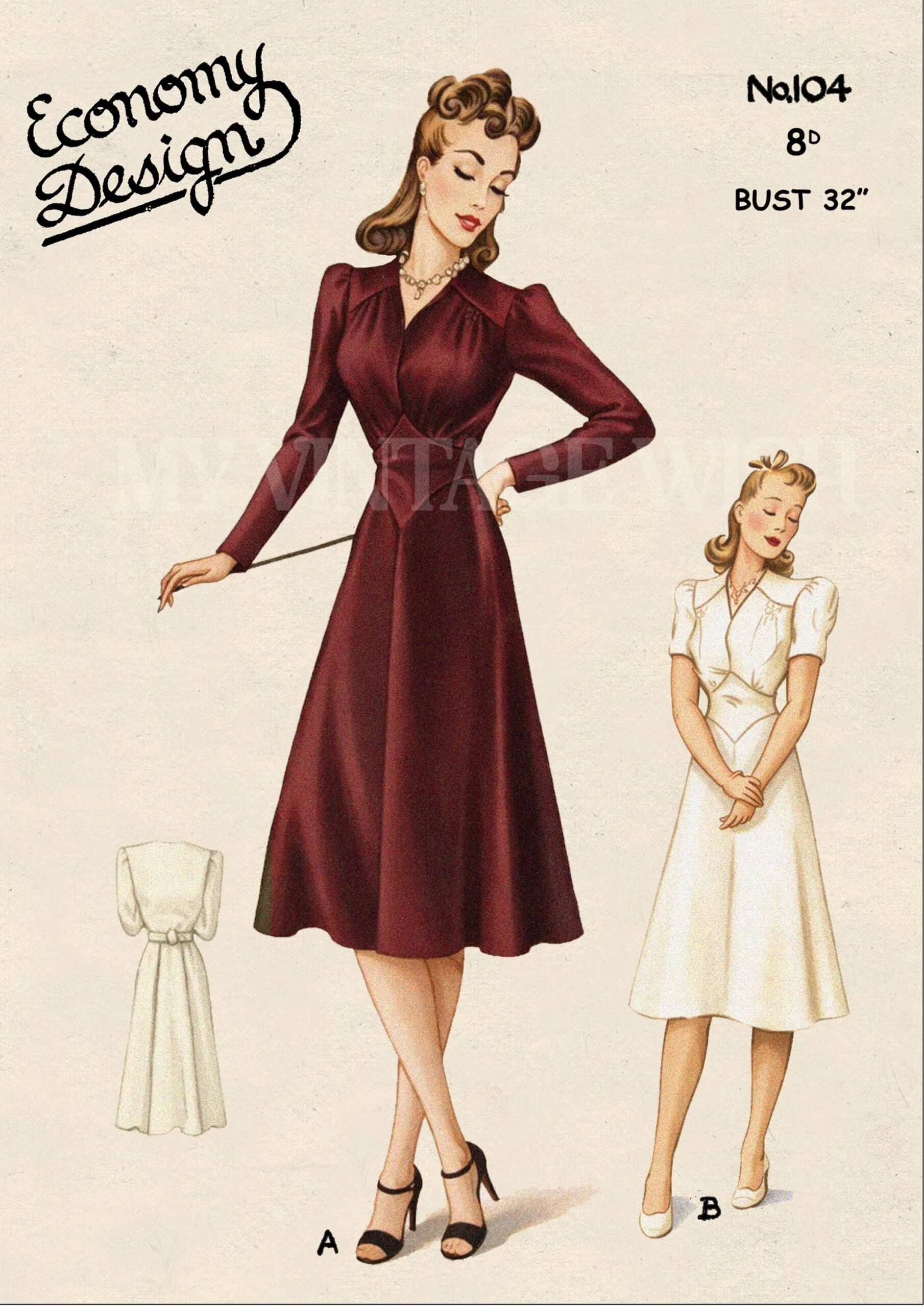 1940 Wartime Tea Kittel fertig gedruckt Schnittmuster Büste 32