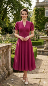 Elegant Vintage 1950s Magenta A-Line Midi Dress | Retro Garden Party Style