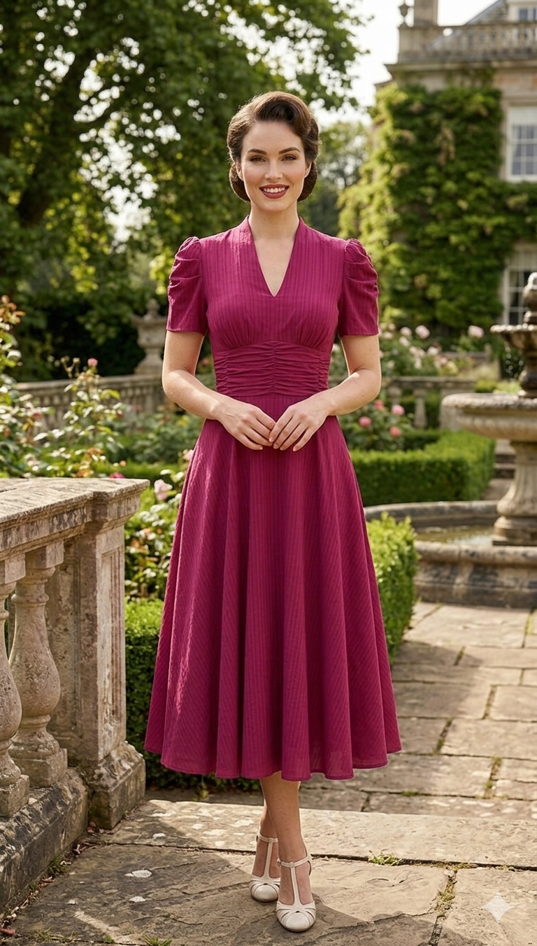 Elegant Vintage 1950s Magenta A-Line Midi Dress | Retro Garden Party Style