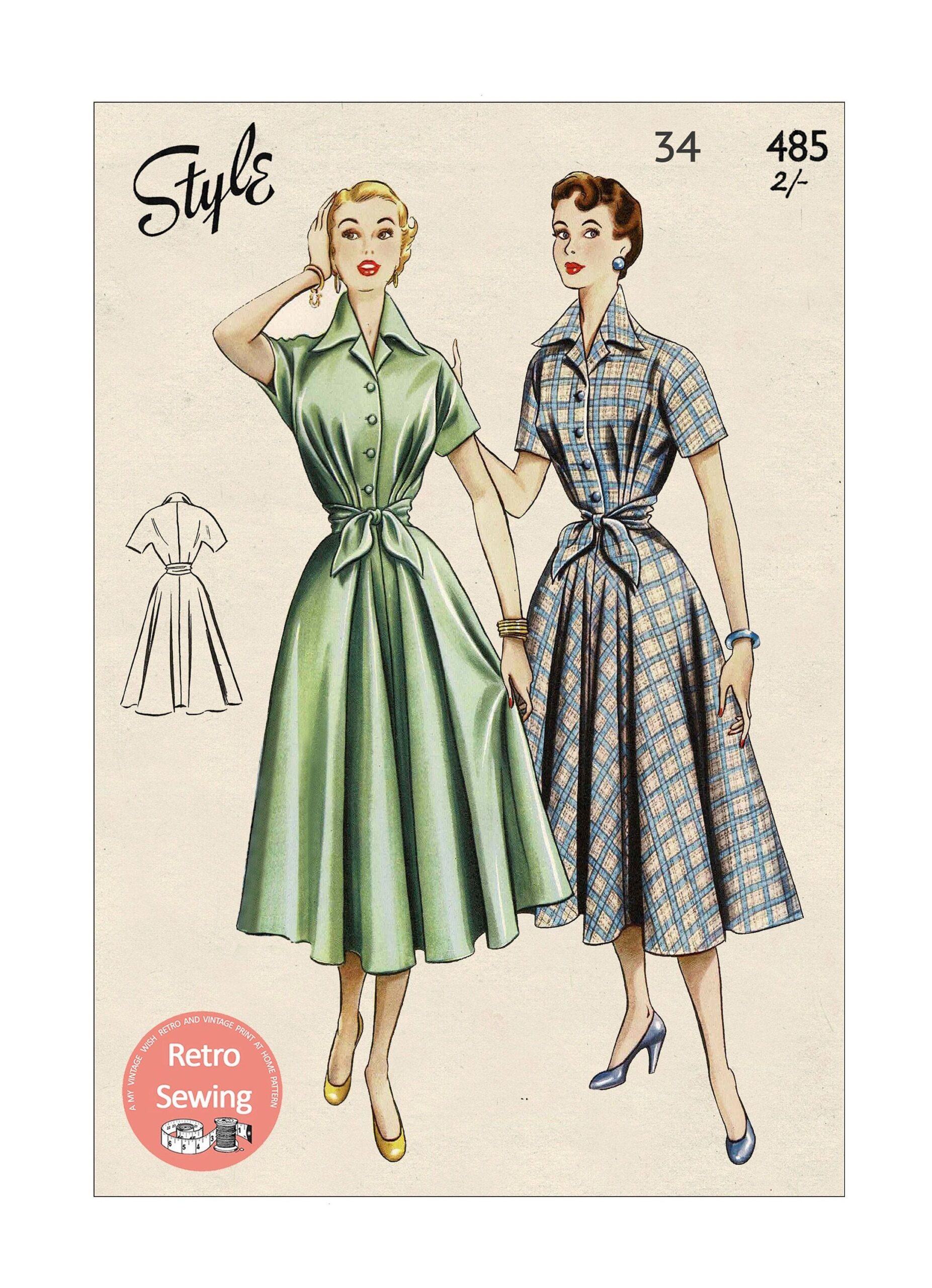 1950s Rockabilly Style Shirt Dress PDF Print at Home Sewing Pattern Bust 34