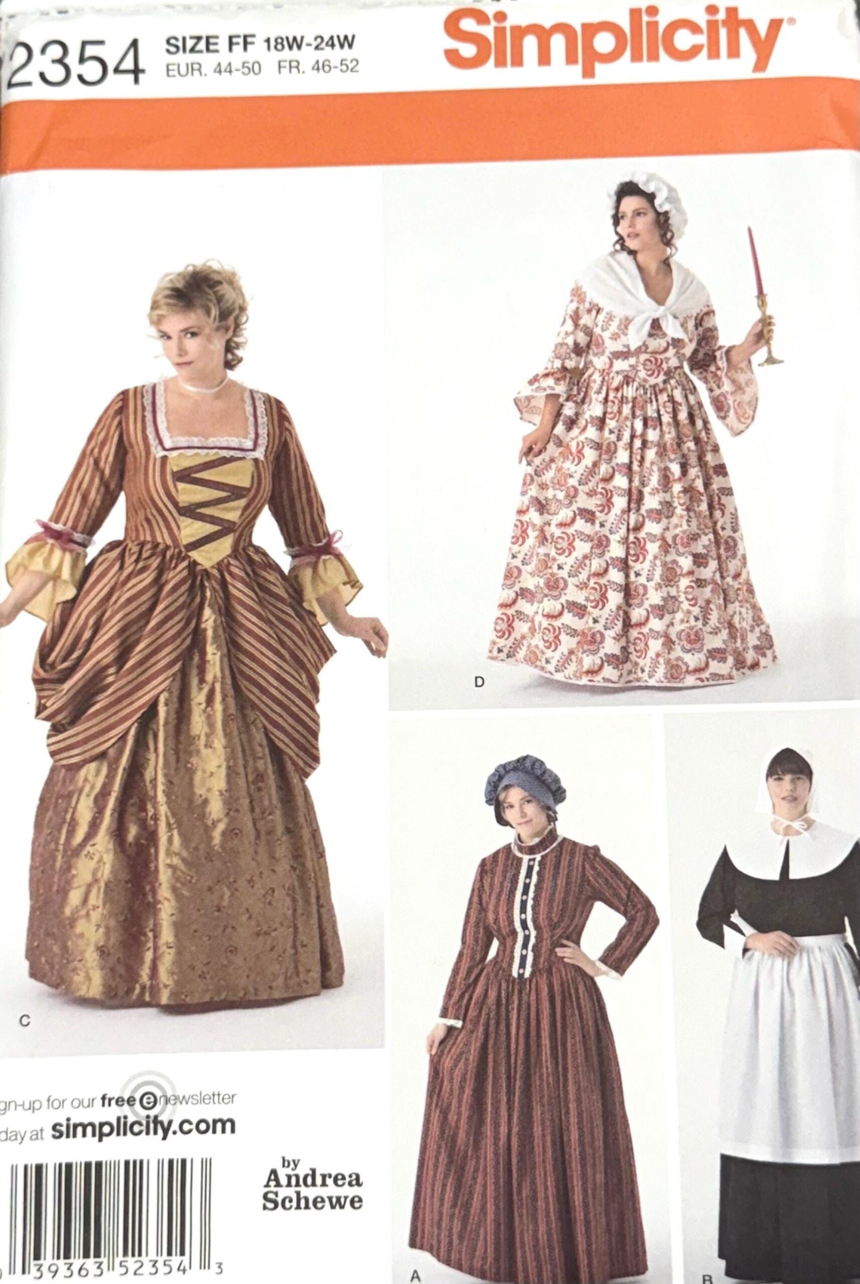 Simplicity 2354 Misses’ Early America Costume Sewing Pattern by Andrea Schewe/Size FF (18W-24W) Puritan Costume in 4 Variations UNCUT/2010
