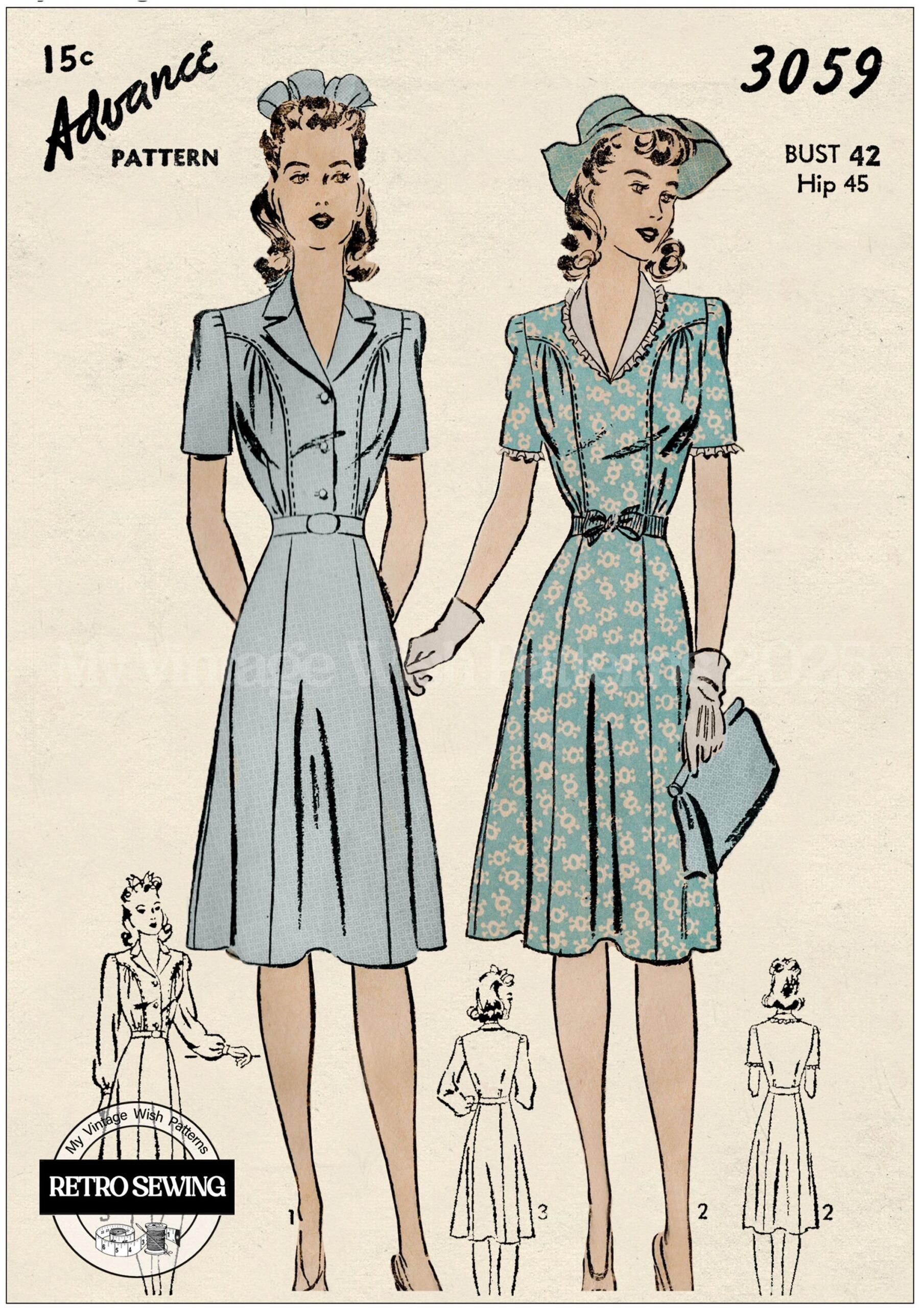 “Authentisches 1940s Teekleid PDF Schnittmuster – Wartime 1942 Design – B�ste