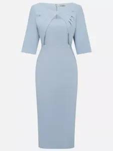 Light Blue Knot Cotton Classic Boat Neck Half Sleeve Sheath Midi Cocktail Dress