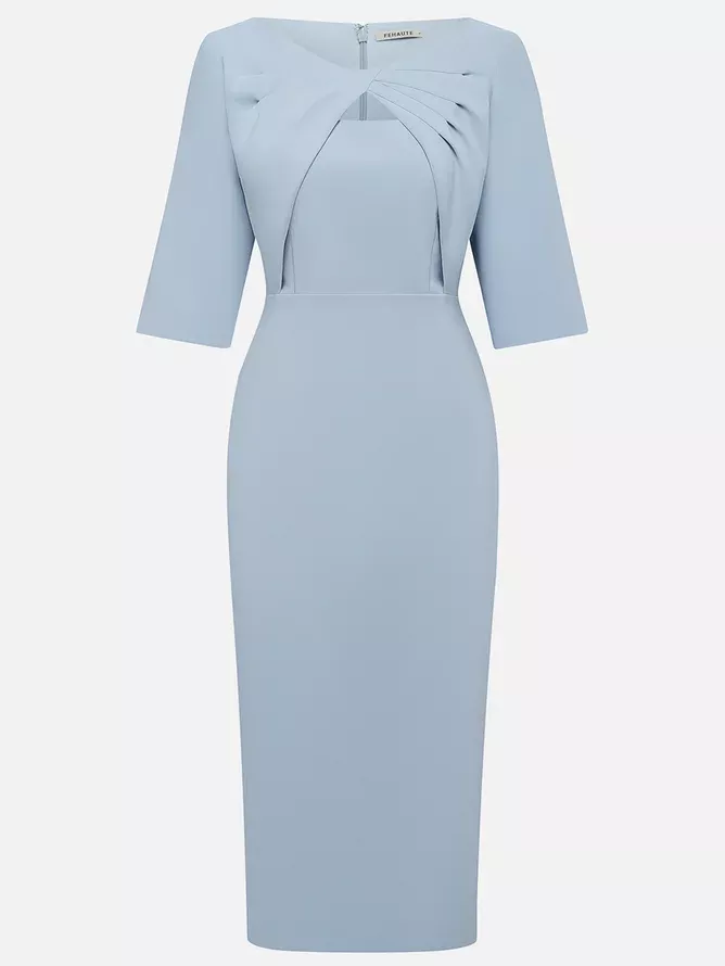 Light Blue Knot Cotton Classic Boat Neck Half Sleeve Sheath Midi Cocktail Dress