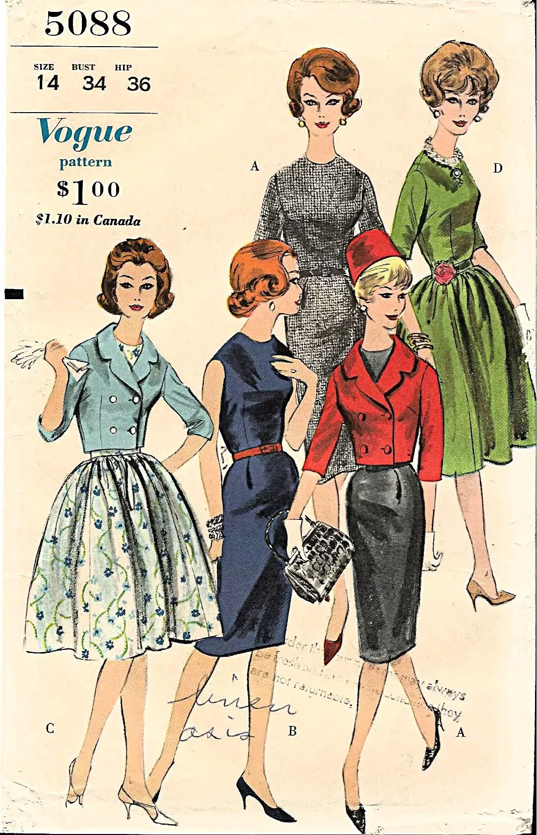 Vogue 5088, Vintage 1960 Sewing Pattern, Misses Dress W/scoop Neck, Sleeve Options, Slim Straight Skirt or Full Skirt, Bust 34, Cut Complete – Etsy