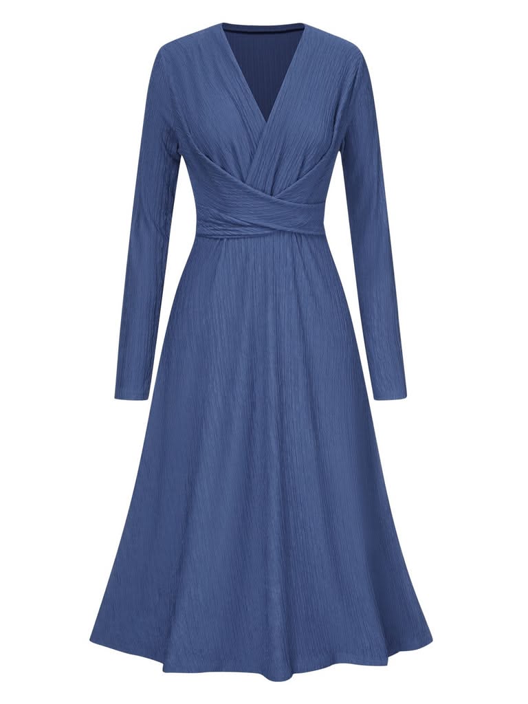 1940S V-NECK WRAP WAIST A-LINE MIDI DRESS