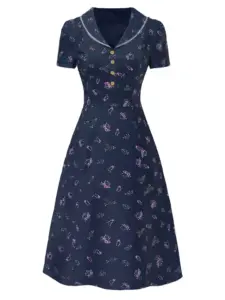 Pure Cotton Blue 1940s Puff Sleeves Floral Dress