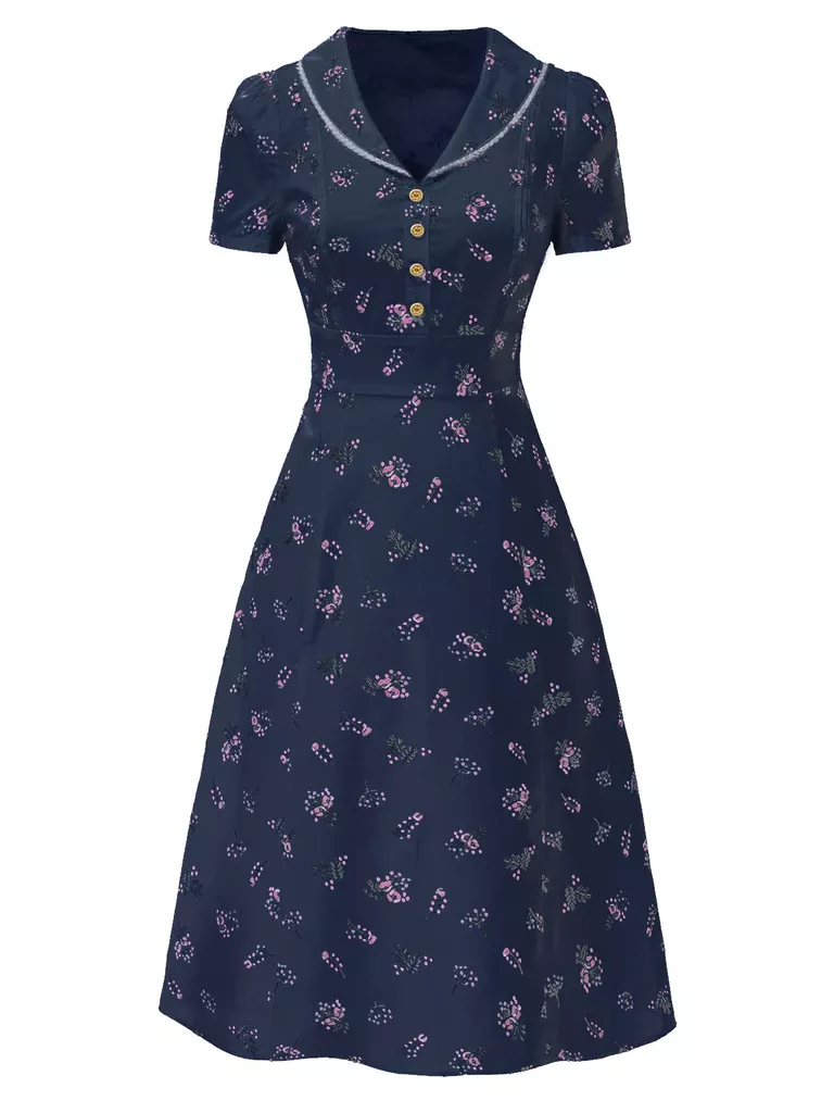 Pure Cotton Blue 1940s Puff Sleeves Floral Dress