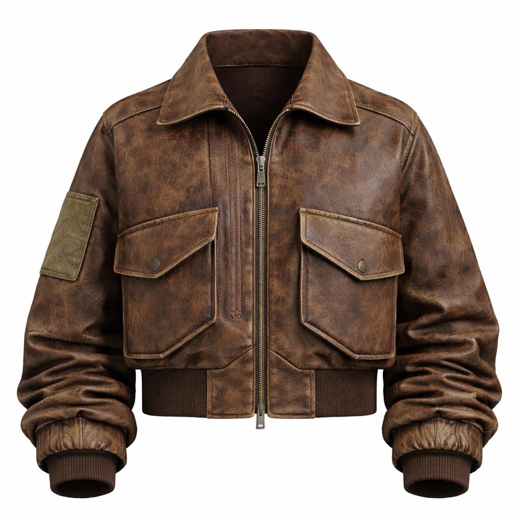 Vintage Distressed Braun Leder Bomber Jacke Retro Aviator Unisex Fliegermantel