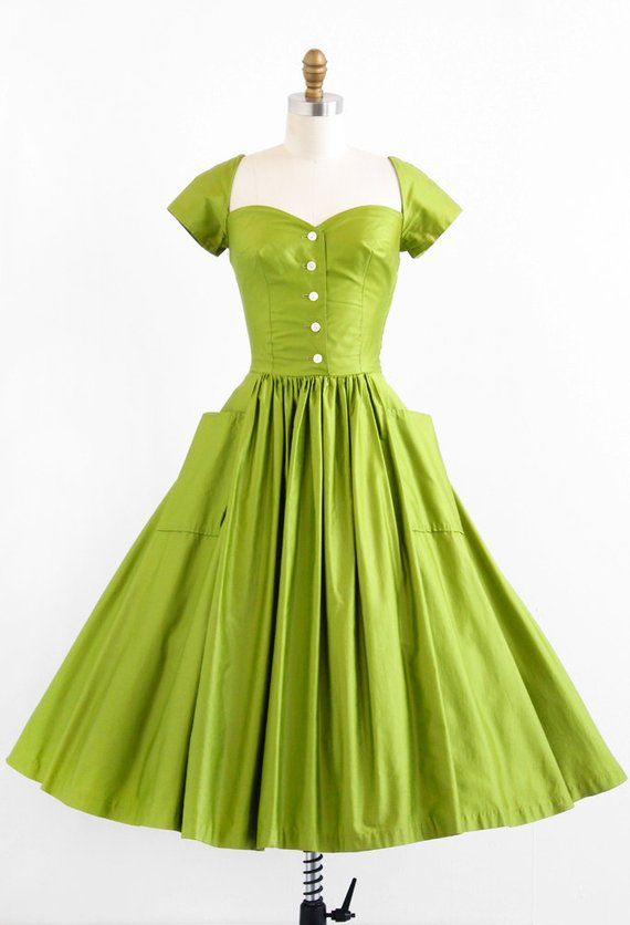 Robe vintage des années 1950 / robe des années 1940 / vert poli coton New Look robe de soirée – Etsy France