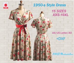 1950s Style Flared Dress Pattern: Vintage Cottagecore Plus Size (PDF Download)