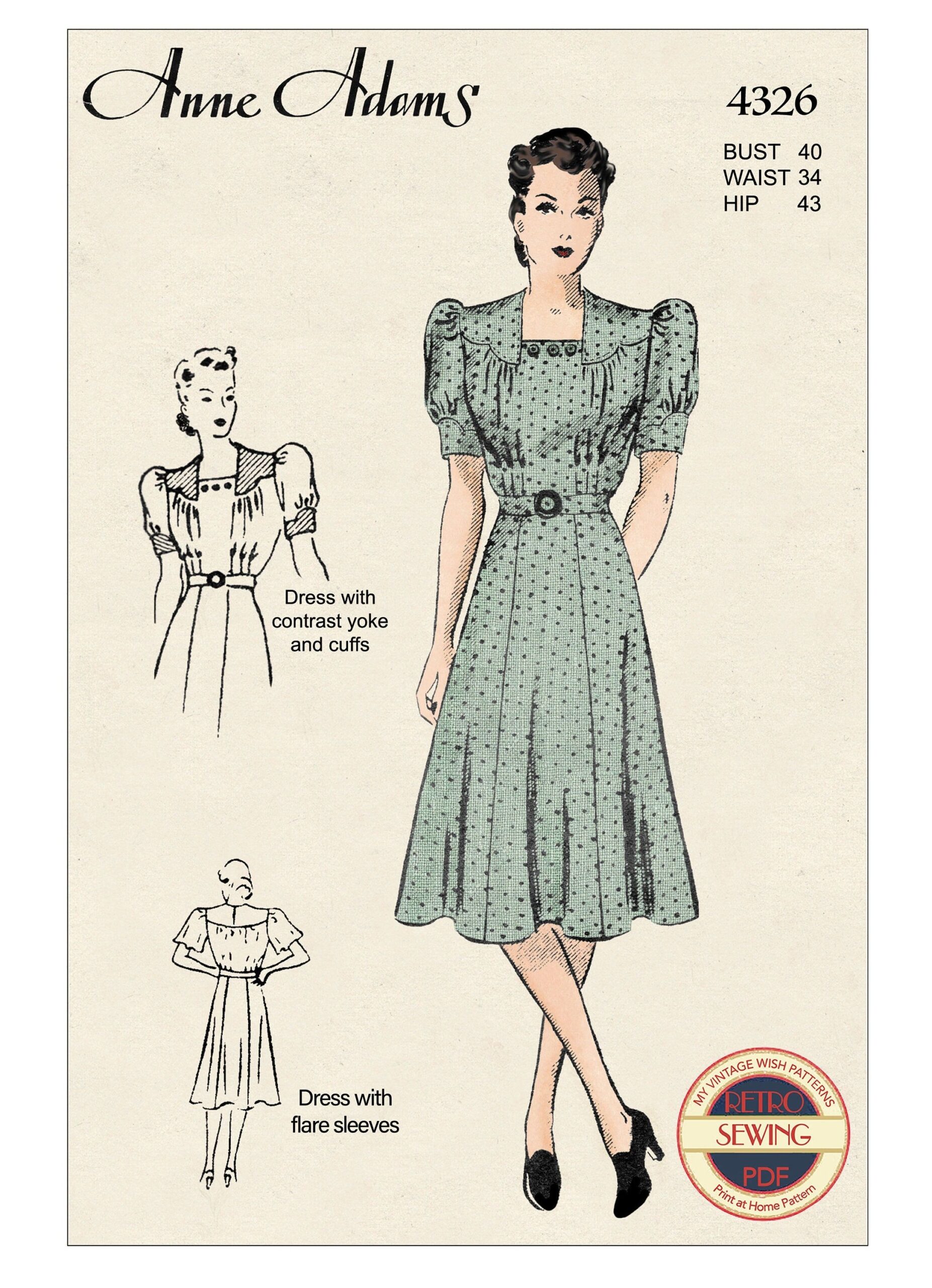 1940s Puff or Flare Sleeve Tea Dress Pattern Bust 40