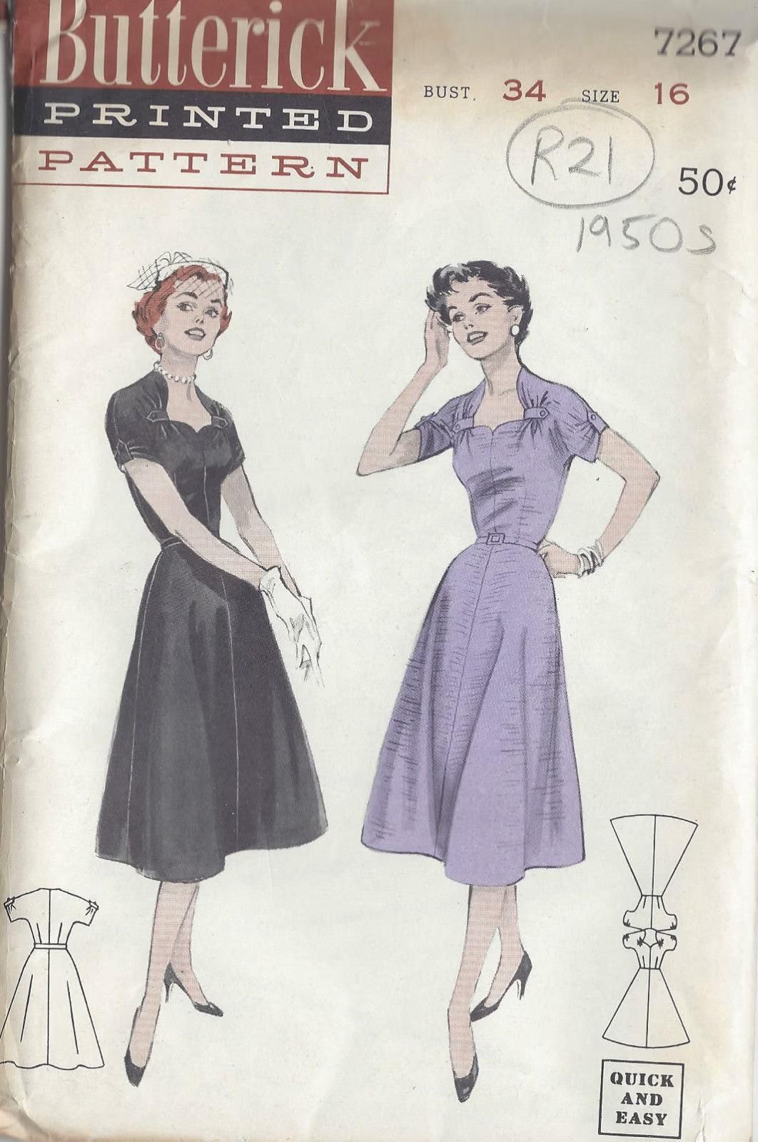 1950s Vintage Sewing Pattern B34in DRESS (R21) Butterick 7267 – Etsy