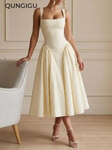 Damen Midi-Kleid mit kariertem Saum, Spitzenrücken mit Taillenbindung, quadratischer Ausschnitt, ärmellos, A-Linie, Vintage kariertes Picknick-Sommerkleid für den Urlaub