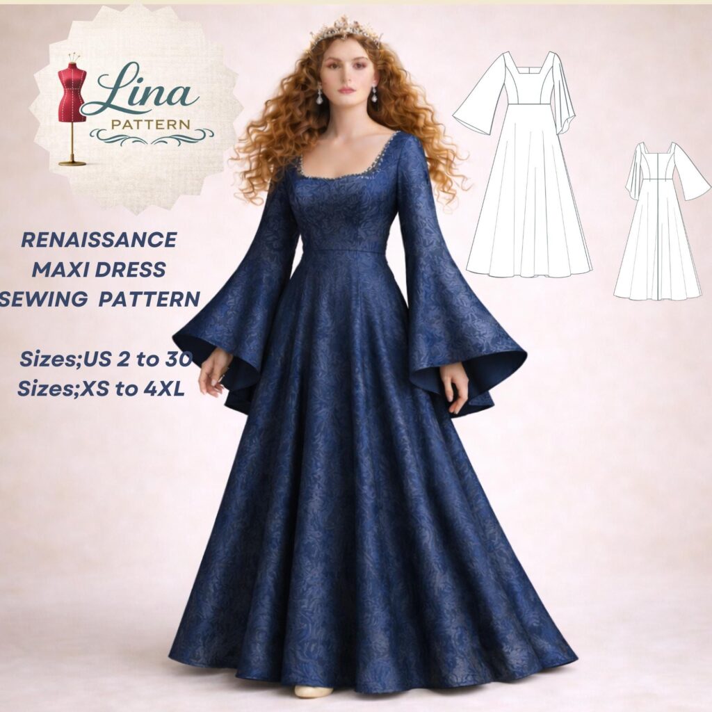 Renaissance Maxikleid Schnittmuster, eckiger Ausschnitt PDF-Download (XS-4XL)