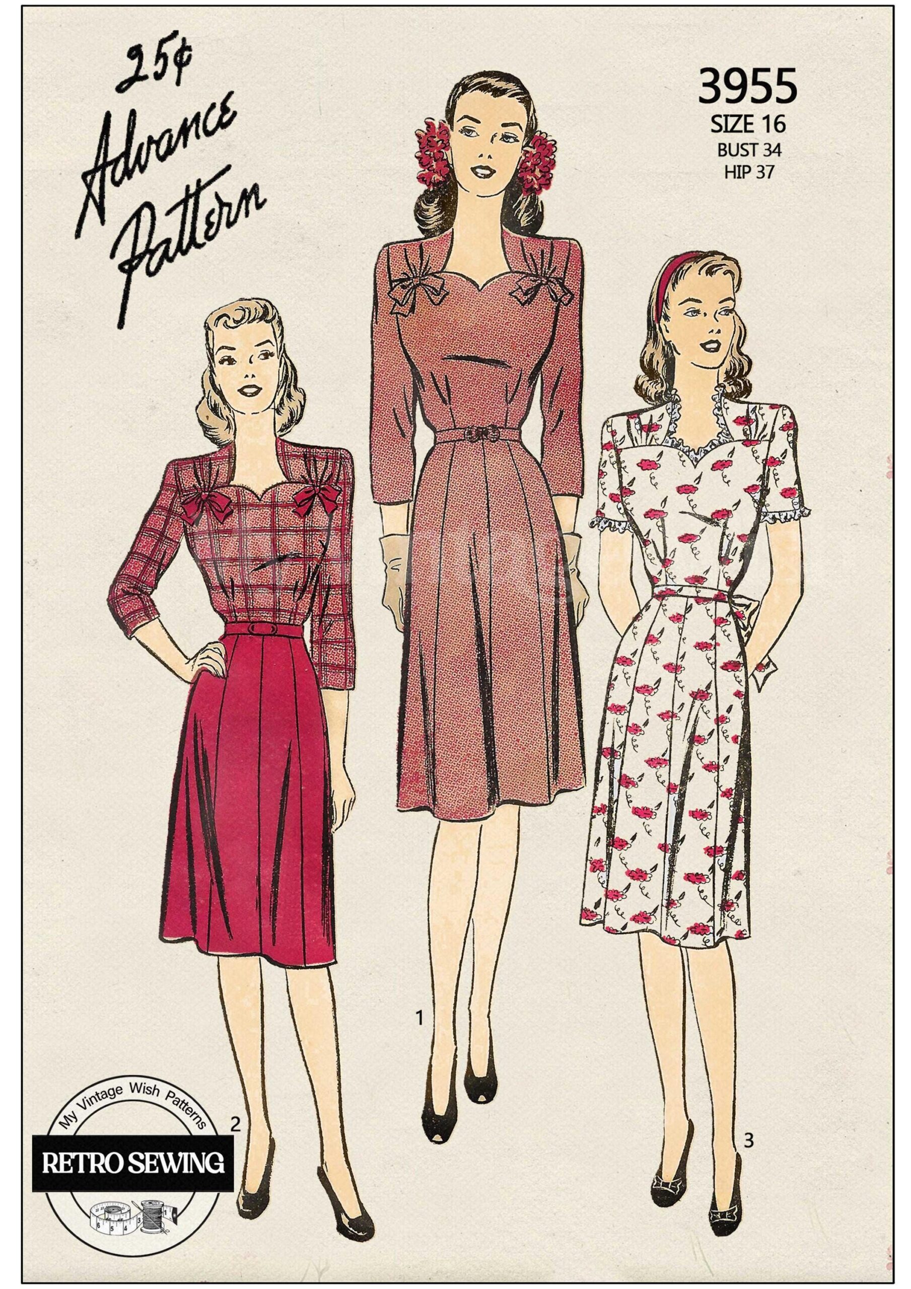 1940er Jahre Tea Dress Schnittmuster: Sweetheart Ausschnitt, Büste 34