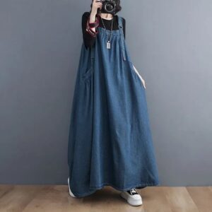 2026 Spring Autumn New Denim Strap Dress Women’s Oversized Cowboy Strap Dress Long Style Big Swing