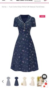 Pure Cotton Blue 1940s Puff Sleeves Floral Dress