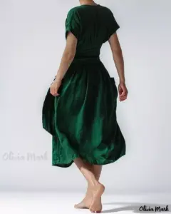 OliviaMark – High-Quality Cotton Linen Short Sleeve V-Neck Swing Dress with Elegant Tie and Convenient Pocket