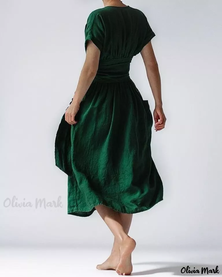 OliviaMark – High-Quality Cotton Linen Short Sleeve V-Neck Swing Dress with Elegant Tie and Convenient Pocket