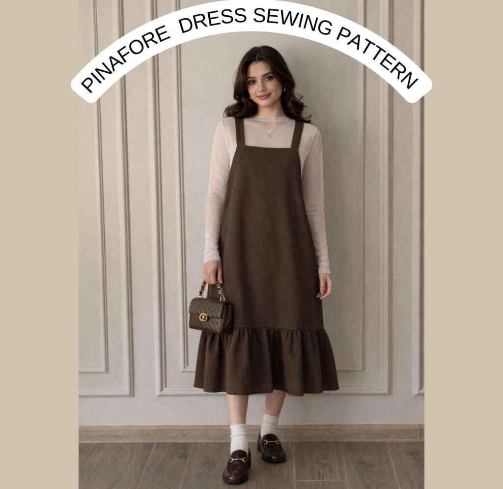 Schnittmuster für Kleid mit Schürze | Rüschensaum Midikleid Schnittmuster | Cottagecore Trägerkleid | PDF Schnittmuster A4 US Letter A0 DXf | US 2-30