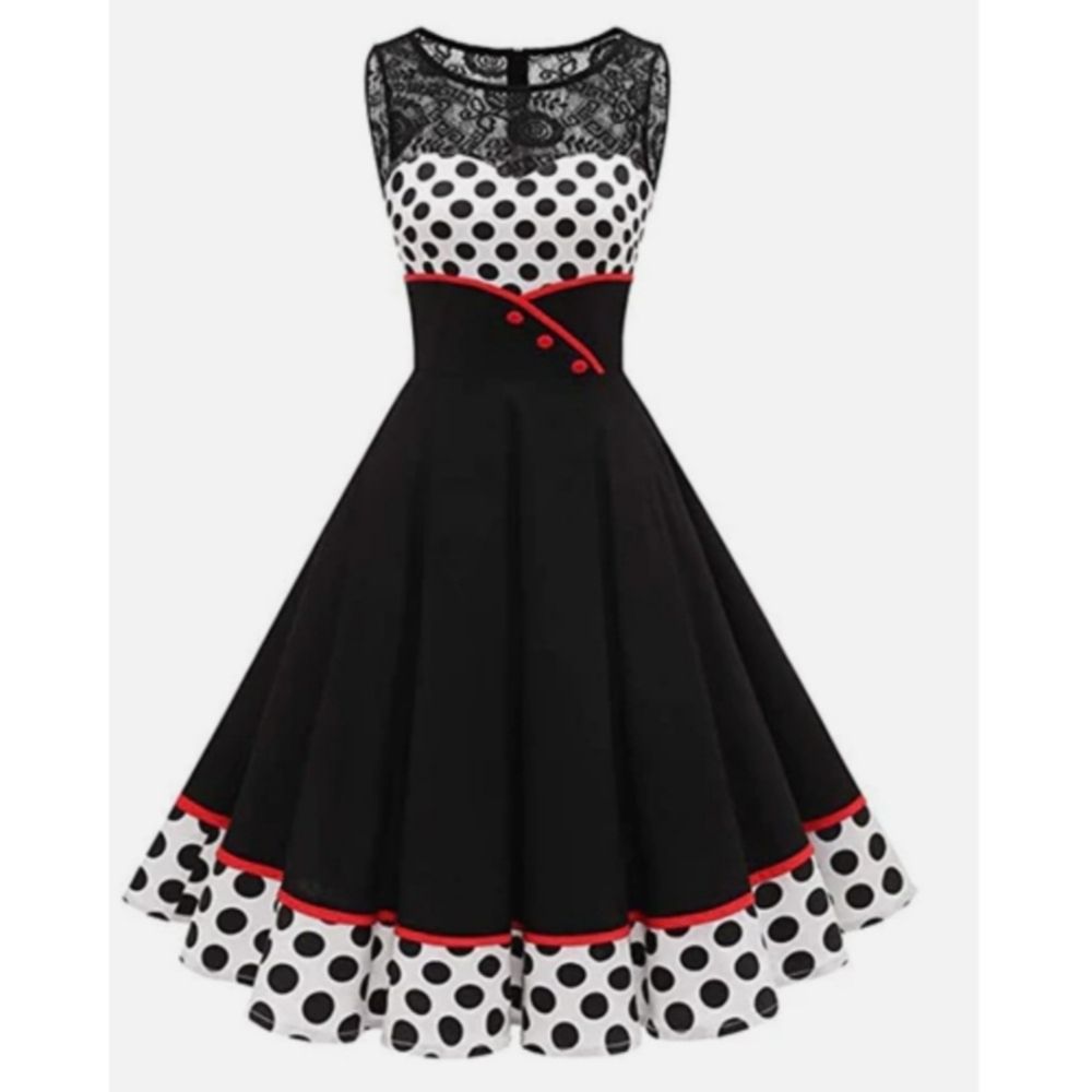 Retro Polka Dot Rockabilly Dress | Color: Black/White | Size: L