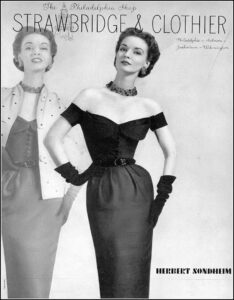 Janet Randy in silk shantung sheath and polka dot jacket by Herbert Sondheim, photo by Wenczel, Harper’s Bazaar, April 1953