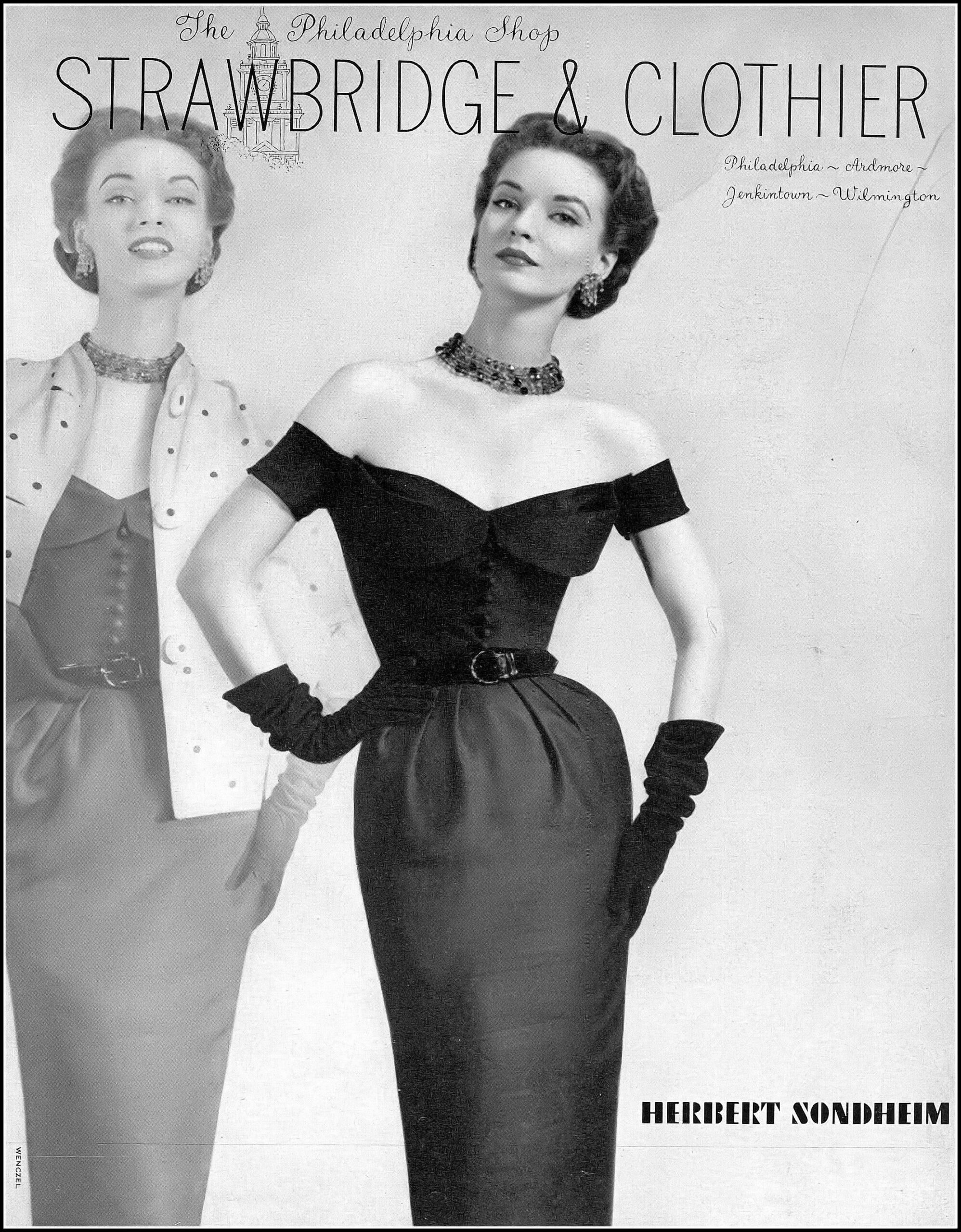 Janet Randy in silk shantung sheath and polka dot jacket by Herbert Sondheim, photo by Wenczel, Harper’s Bazaar, April 1953