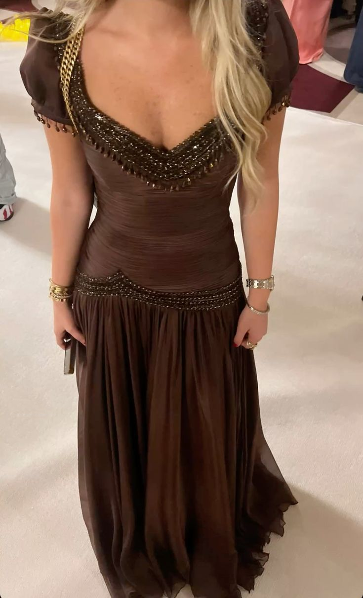 Vintage V Neck Brown Chiffon Beaded Mermaid Party Dress Long Evening Gowns – Picture Color / US4