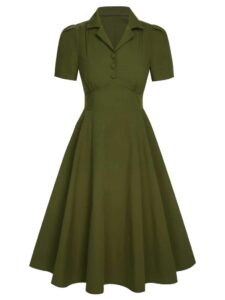 Green 1940s Lapel Buttoned Solid Dress
