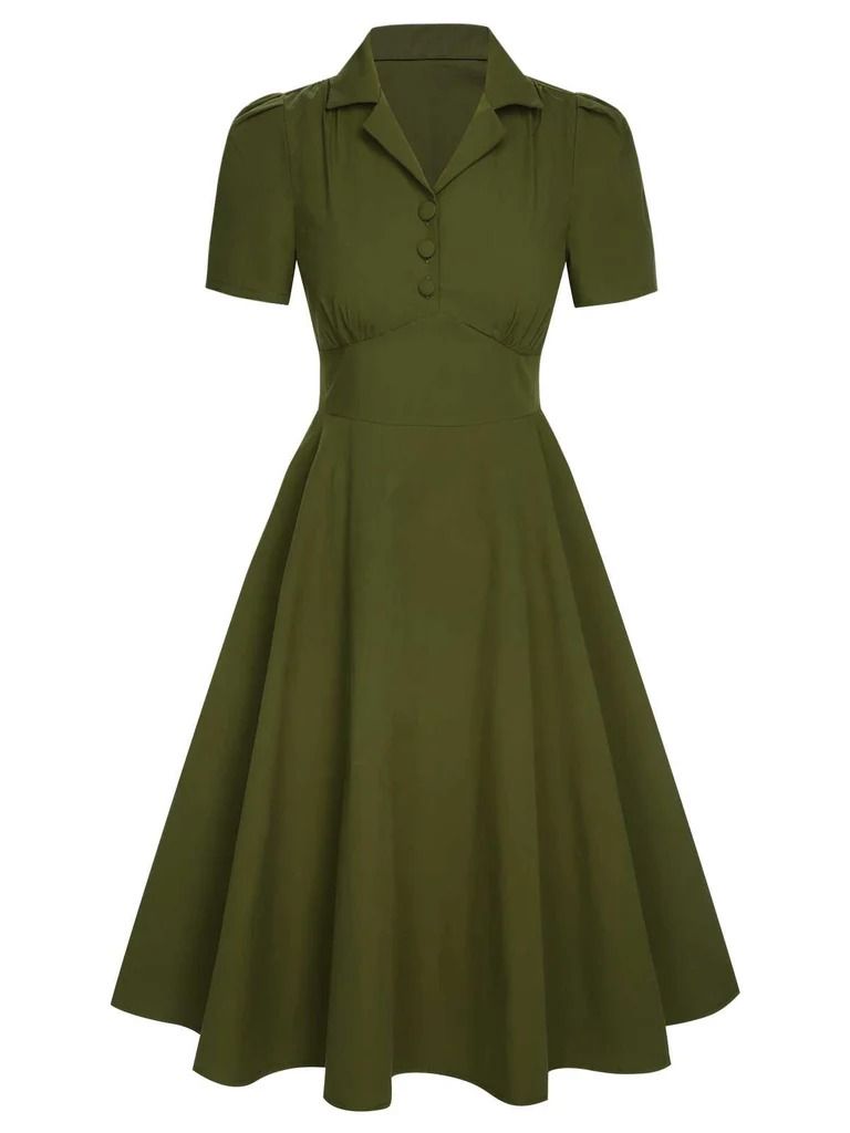 Green 1940s Lapel Buttoned Solid Dress