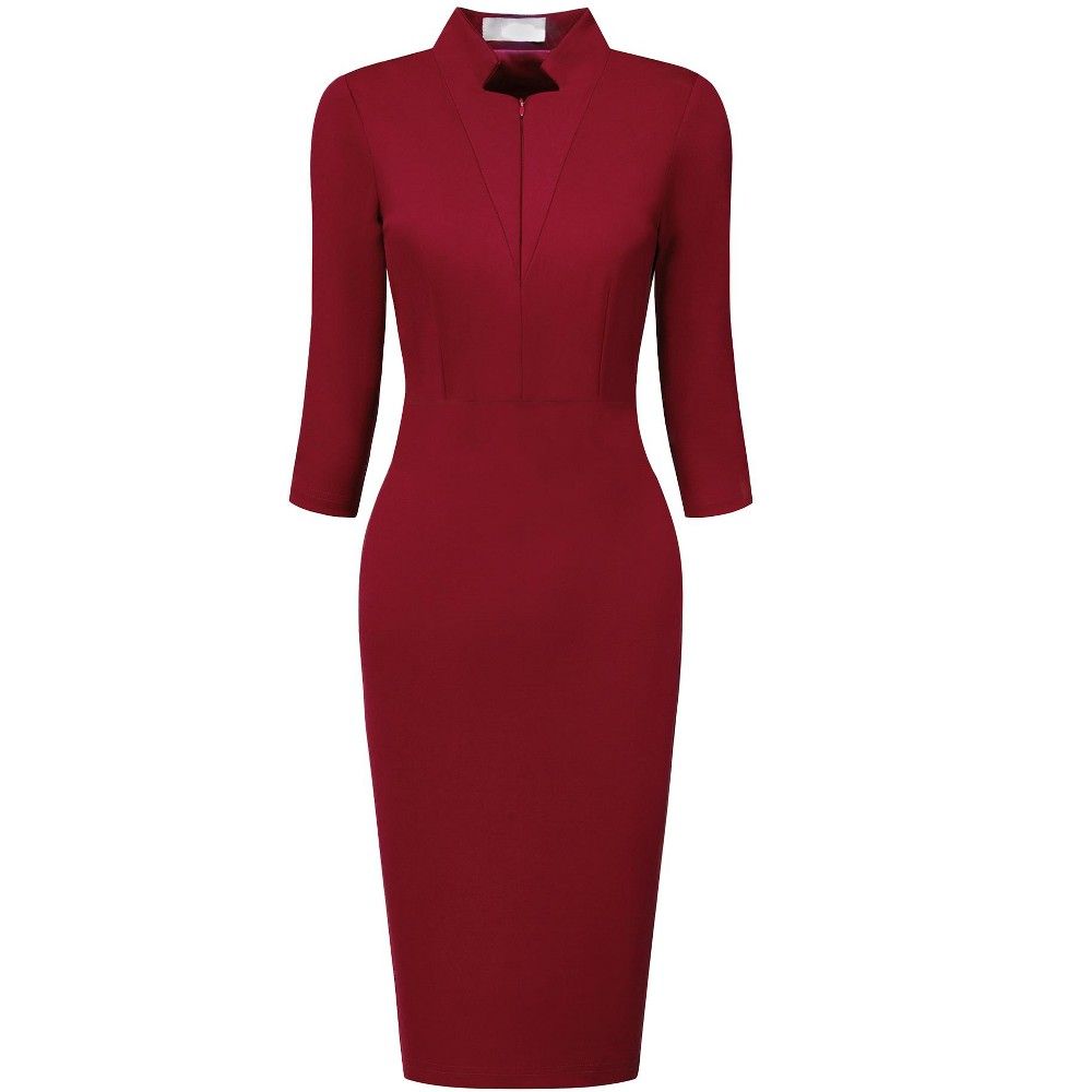 Hobemty Women’s Business Stand Collar Zipper Neck 3/4 Sleeve Pencil Dresses Dark Red Large