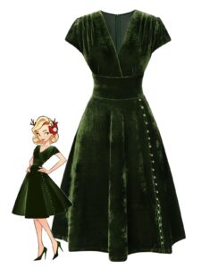 Green 1940s Deep V-Neck Pearl Velvet Dress – Green / L / 8