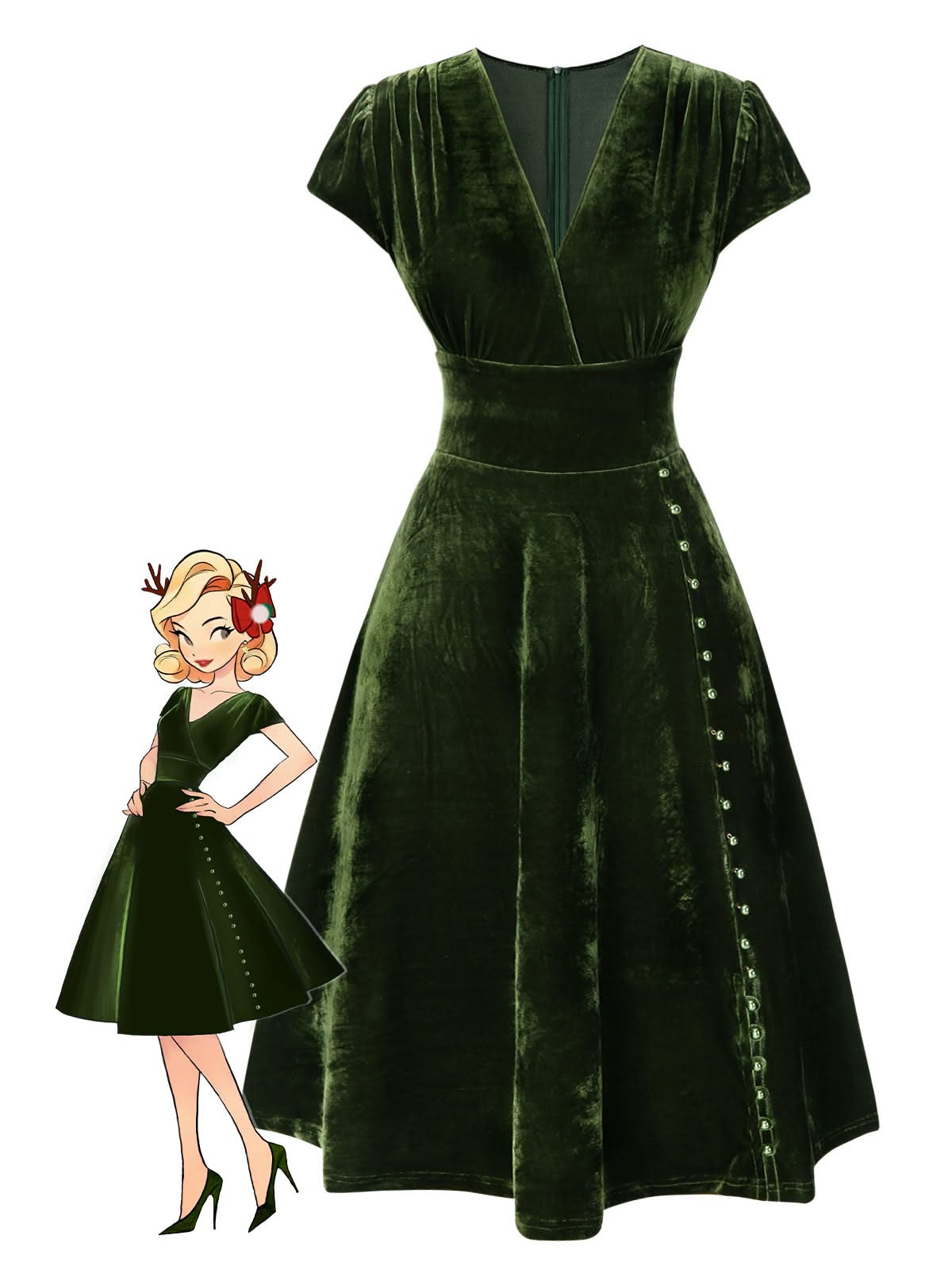 Green 1940s Deep V-Neck Pearl Velvet Dress – Green / L / 8