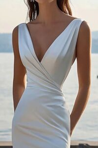 Ivory Satin Sheath V-Neck Maxi Engagement Dress with Slit