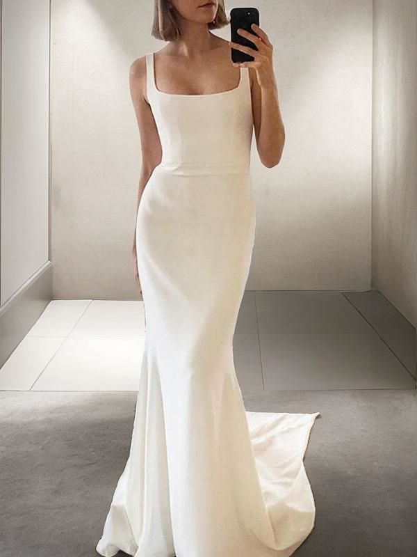 Sheath Straps Sweep Train Stretch Crepe Wedding Dresses