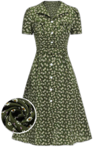 Green 1940s Lapel Buttons Ditsy Floral Dress