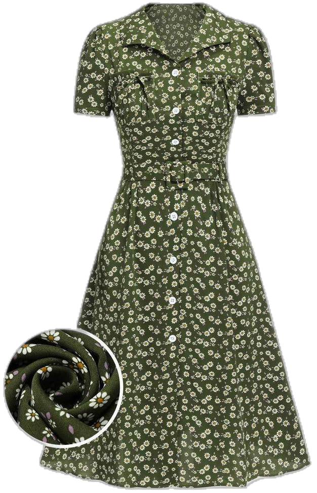 Green 1940s Lapel Buttons Ditsy Floral Dress