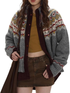 TIAFORD Women’s Retro Fair Isle Zip-Up Sweater Cardigan – Chunky Mock Neck Winter Outerwear