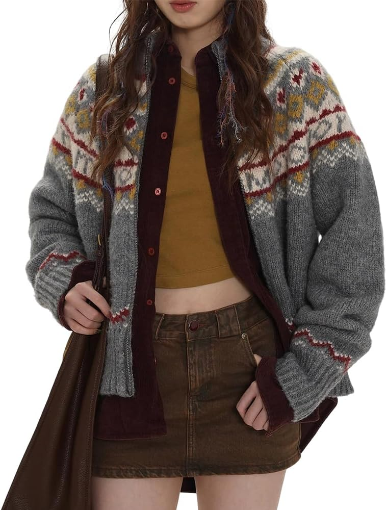 TIAFORD Women’s Retro Fair Isle Zip-Up Sweater Cardigan – Chunky Mock Neck Winter Outerwear