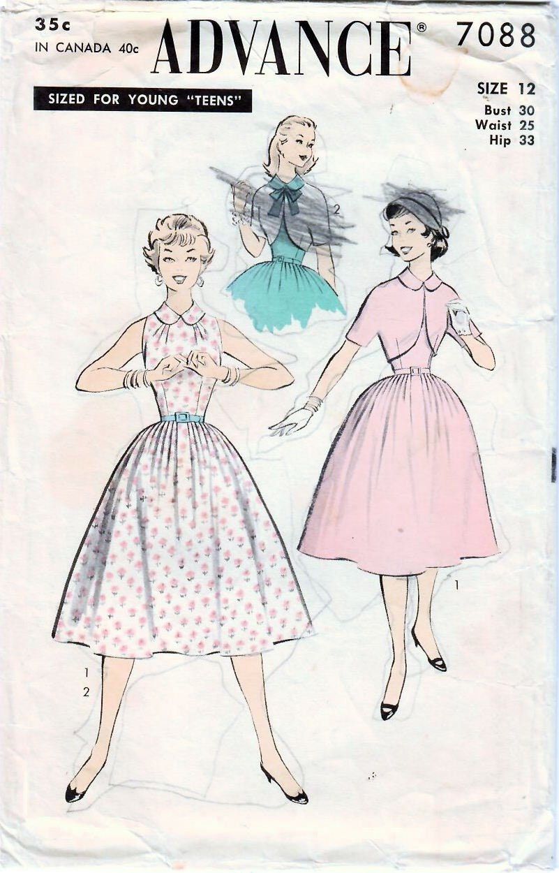 1950s Advance 7088 FF Vintage Sewing Pattern Teen Full Skirt Dress, Sleeveless Dress, Bolero Size 12 Bust 30