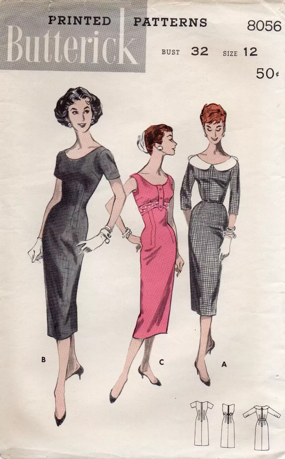 Vintage 50s Butterick 8056 Scoop Neck Sheath Wiggle Dress Size 12 Bust 32  | eBay