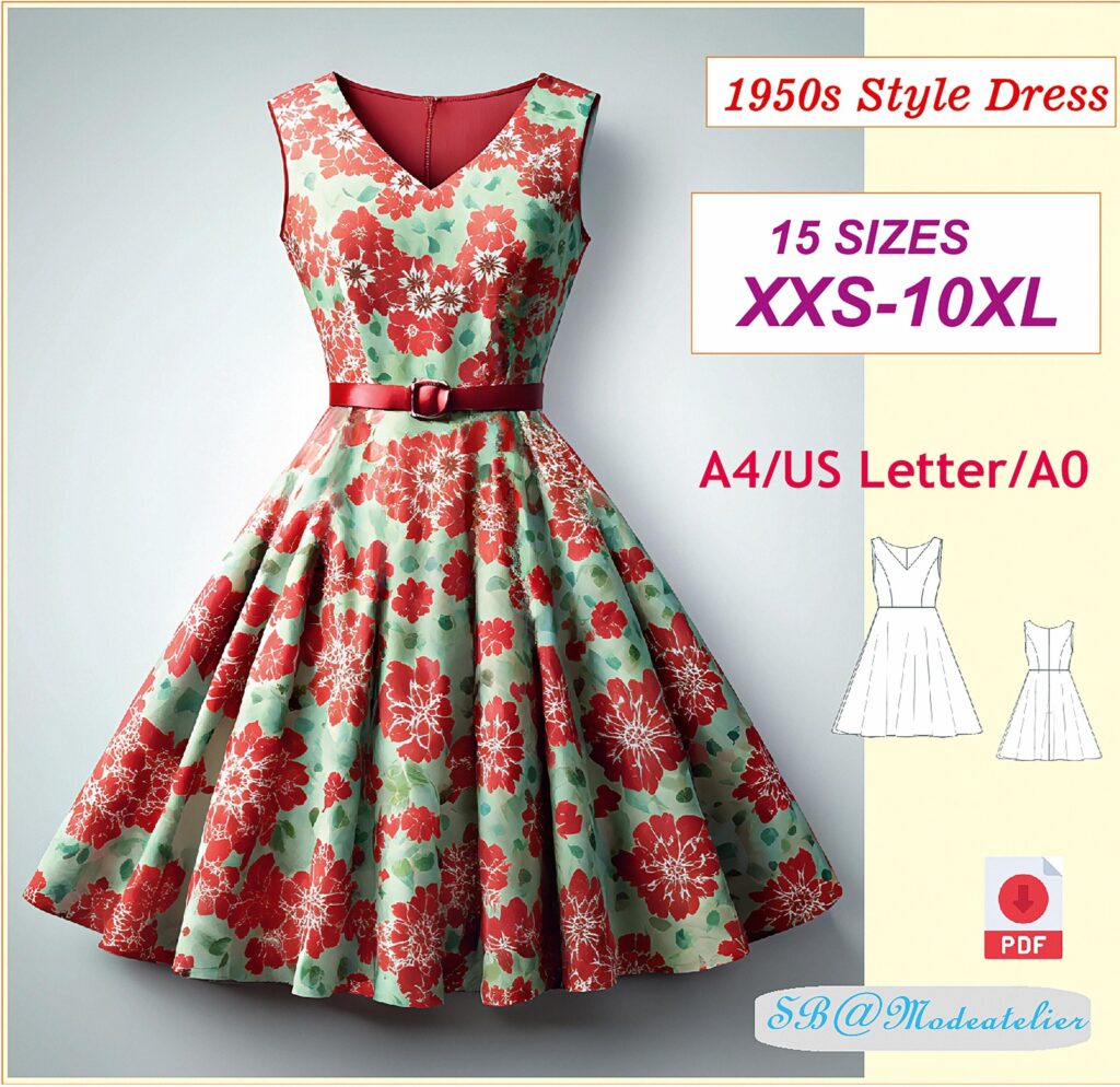 1950s Style Flared Dress Schnittmuster: Plus Size Cottagecore (PDF-Muster)