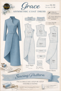 Grace Asymmetric Coat Dress Sewing Pattern PDF | Elegant Long Coat Dress Pattern