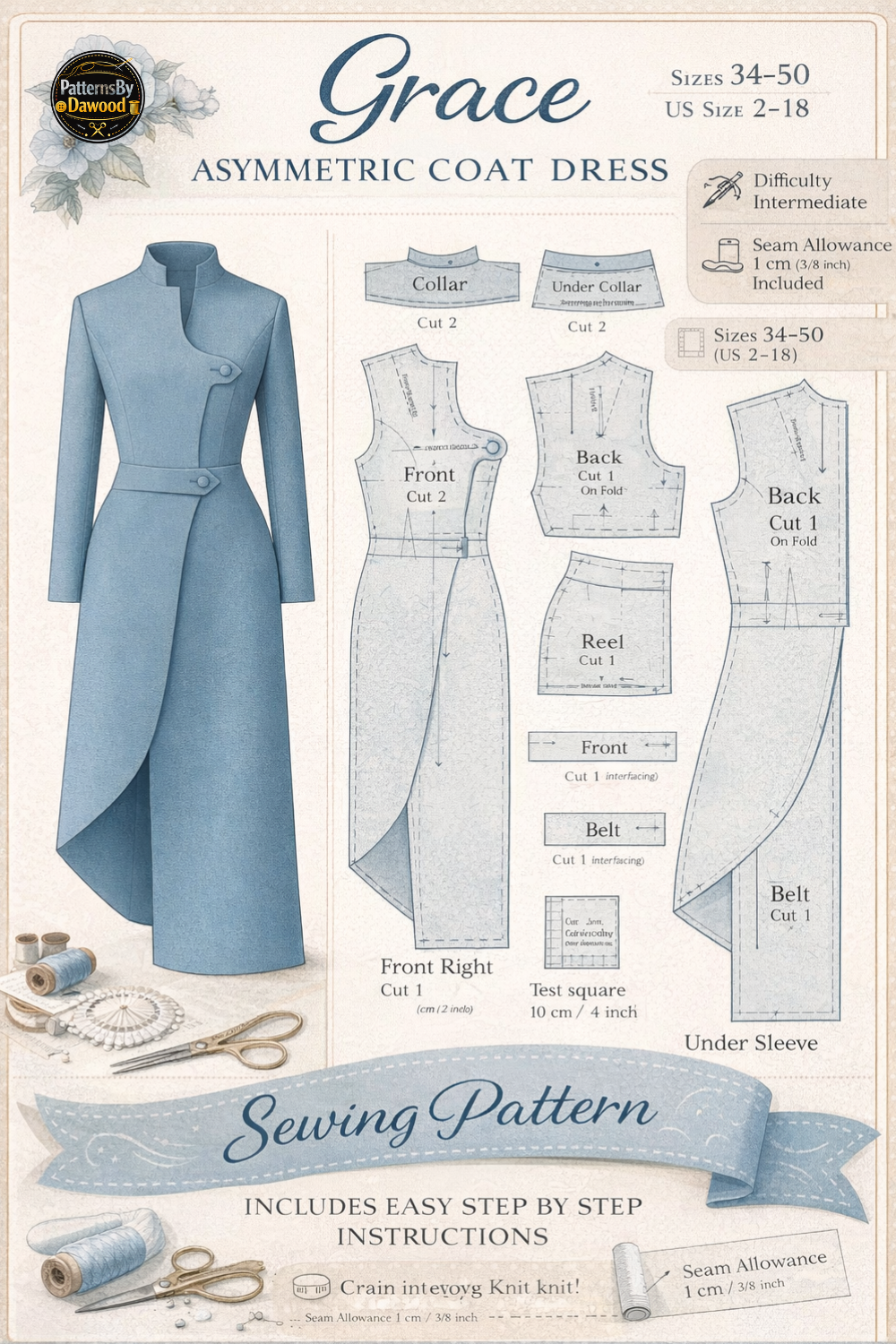 Grace Asymmetric Coat Dress Sewing Pattern PDF | Elegant Long Coat Dress Pattern