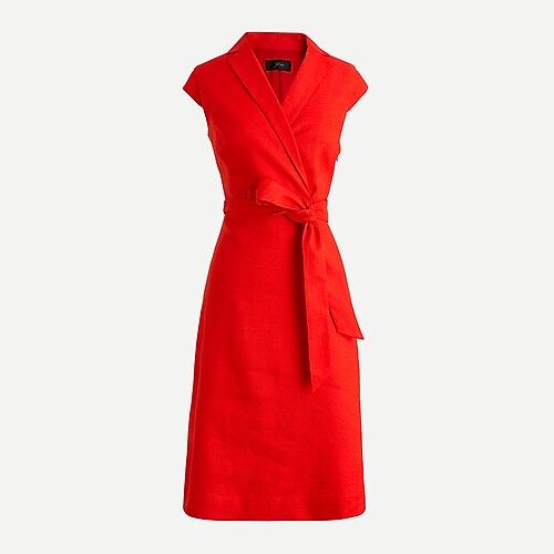 Belted faux-wrap dress in stretch linen