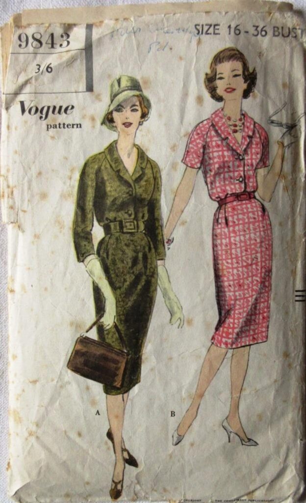 A vintage sewing pattern for a woman’s dress in size 16 (Vogue 9843)