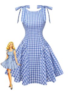 Blue 1960s Gingham Plaid Shoulder-Tie Empire Dress – Blue / S