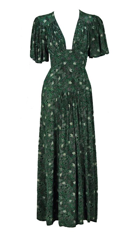 1970’s Ossie Clark Green-Silk Celia Birtwell Print Plunge Dress