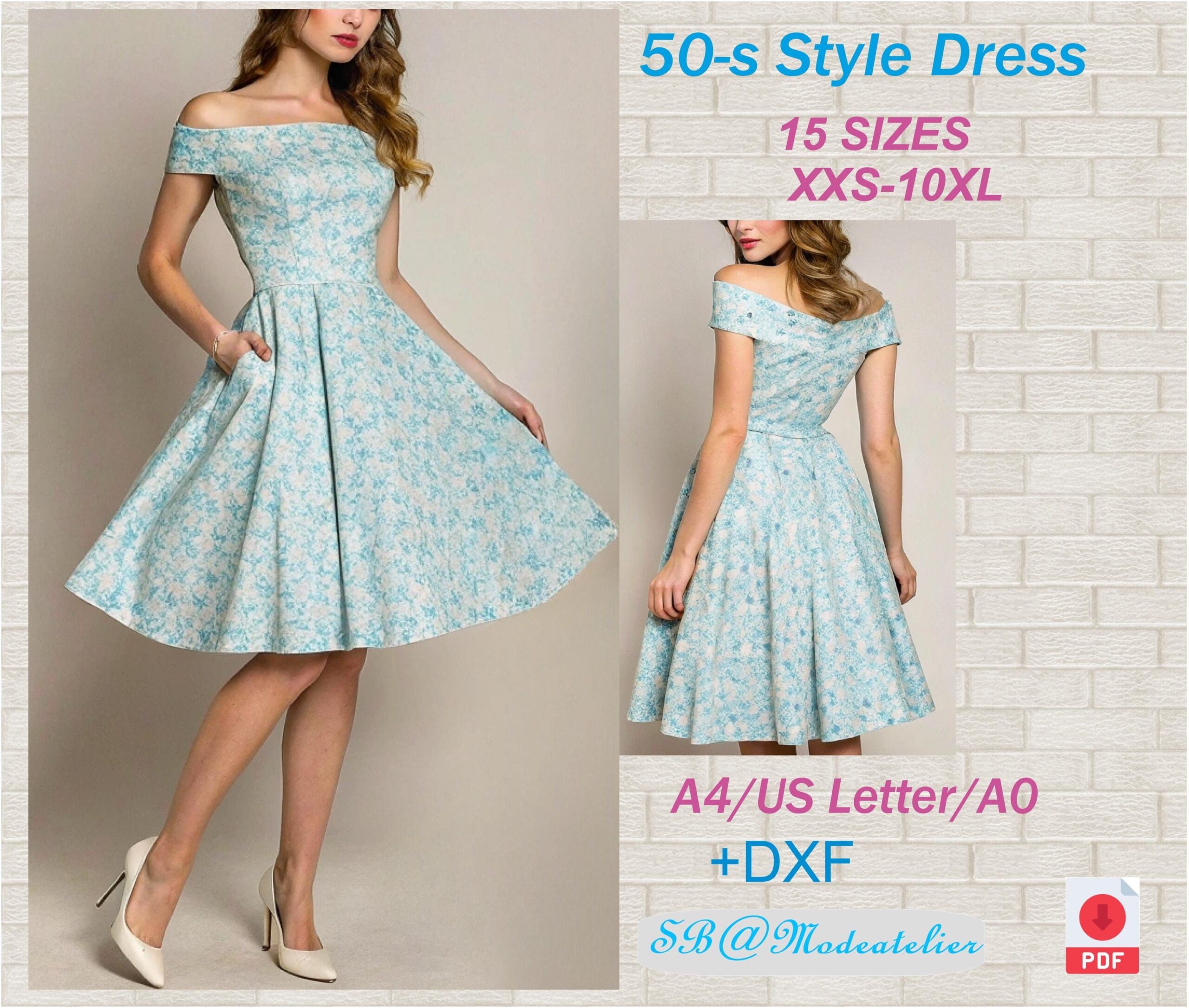 1950s Rockabilly Kleid Schnittmuster: Off-Shoulder Glockenrock (PDF Schnittmuster, XXS-10XL)